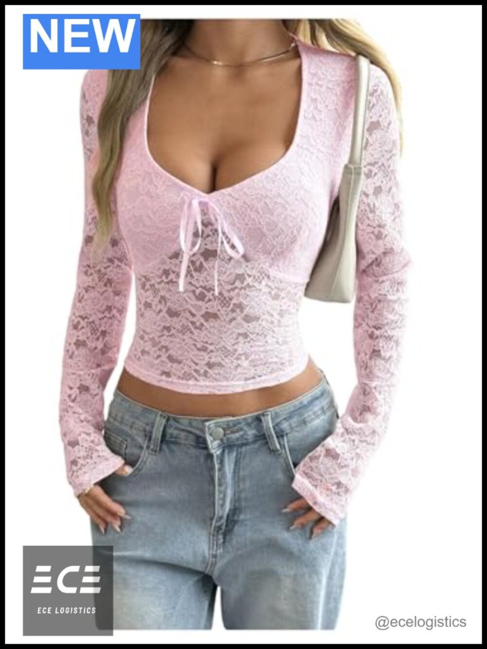 WDIRARA Women's Sweetheart Neck Lace Crop Long Sleeve Tee Shirt